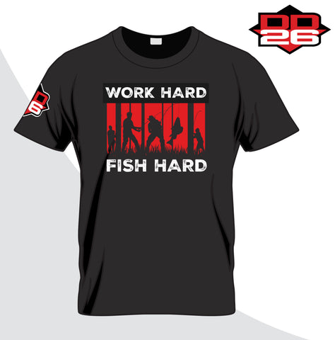 Short Sleeve Comfort Colors Heavyweight Black T-Shirt with Red Work Hard Fish Hard Design