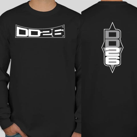 DD26 Black Long Sleeve Cotton Tee Shirt with Grey Logo Front and Back